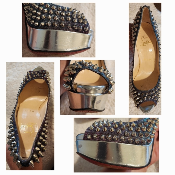 CHRISTIAN LOUBOUTIN Metallic Lame Lady Peep Spike Platform Pumps Size 37 - Picture 13 of 16